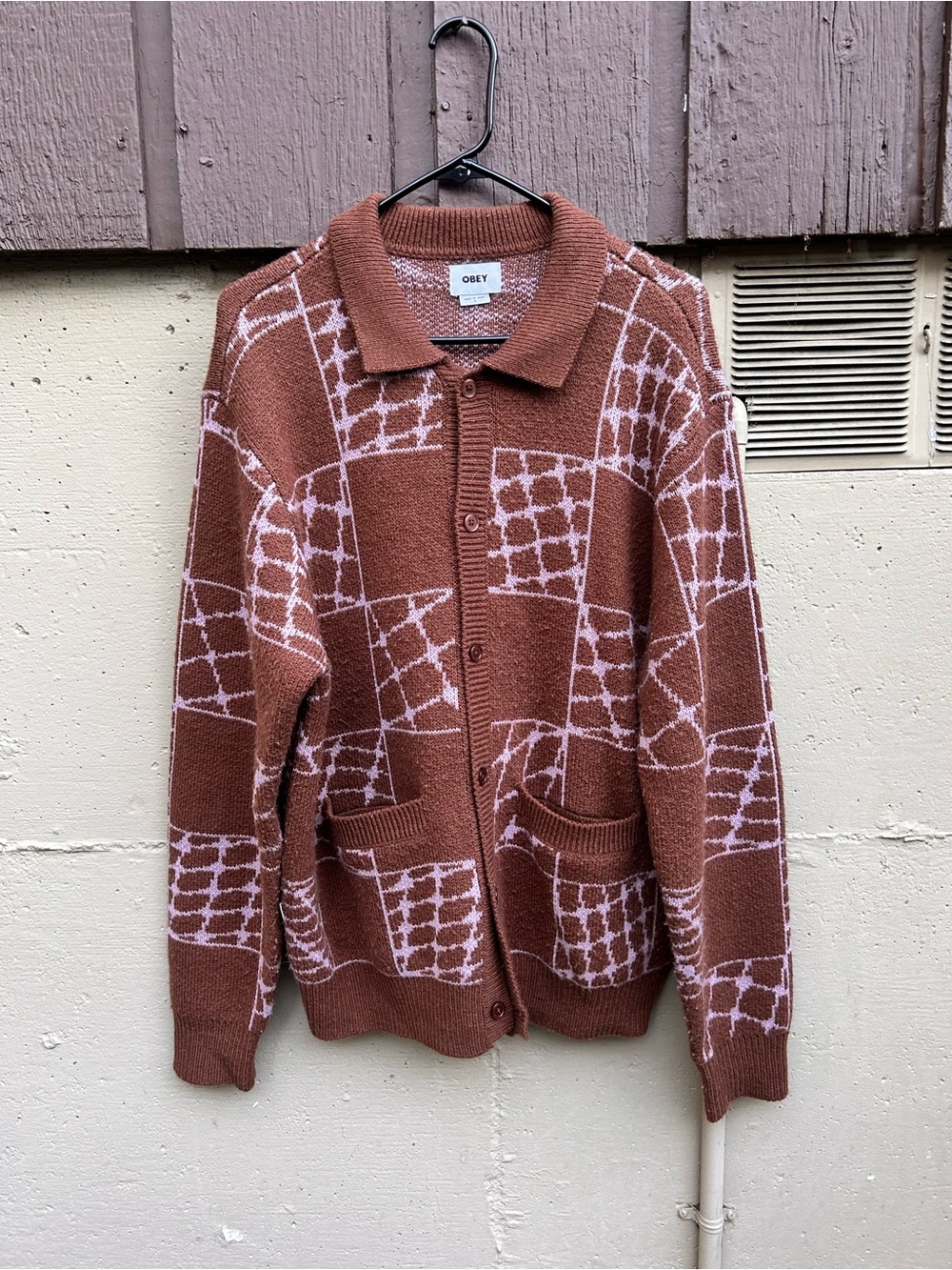OBEY Men's Large Rust Brown Patterned Knit Cardigan